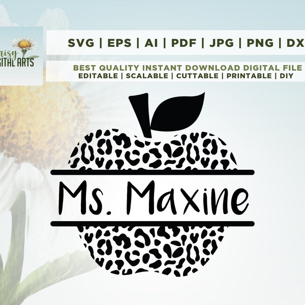 Apple Name Frame SVG, Teacher SVG, Cheetah Apple SVG, Back to School, Digital Download, Cut File, Sublimation, svg, png, dxf, Download File