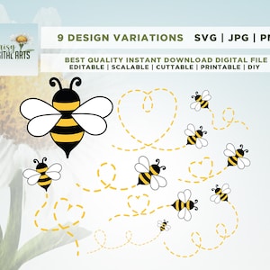 Bee path bundle SVG PNG Files for cutting machines, digital clipart, honeybee, bumble bee, heart, dotted lines, honeybee svg, bumble bee svg