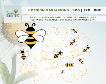 Bee path bundle SVG PNG Files for cutting machines, digital clipart, honeybee, bumble bee, heart, dotted lines, honeybee svg, bumble bee svg