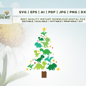 May include: A green Christmas tree silhouette made up of various dinosaur silhouettes. The tree is topped with a yellow star. The dinosaurs are in shades of green, blue, and yellow.