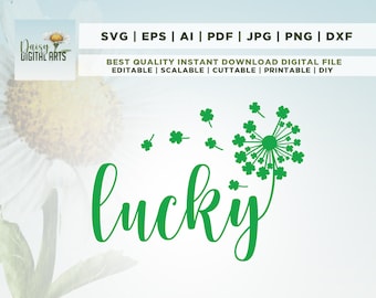 Puede incluir: Diseño de trébol verde con la palabra "lucky" en una fuente cursiva. Los tréboles están dispuestos en forma de diente de león con algunos tréboles flotando.