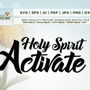 Puede incluir: Diseño gráfico en blanco y negro con el texto "Holy Spirit Activate" en una fuente estilizada.