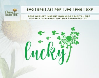 Puede incluir: Un diseño de trébol verde con la palabra "lucky" escrita en cursiva. El trébol está estilizado para parecer un diente de león con semillas que se dispersan en el viento.