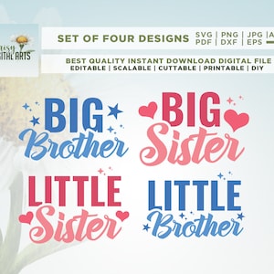 May include: Set of four digital designs for siblings. The designs feature the text "BIG Brother", "BIG Sister", "LITTLE Sister", and "LITTLE Brother" in blue, pink, and red with stars and hearts.