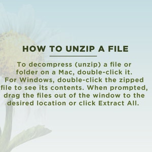 May include: Image with text: "HOW TO UNZIP A FILE." Instructions on how to unzip a file on Mac and Windows computers are provided. A daisy flower is in the background with a gradient blue and green color.