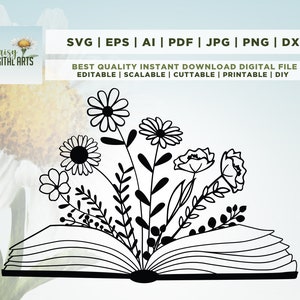 Floral Book SVG, Boek Svg, Boek met bloemen Svg, Svg lezen, lezen, bloemen groeien uit een boek, mooi boek, bloemen, bloemen met boek