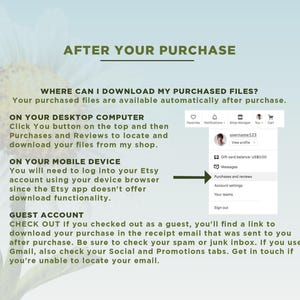 May include: A white background with green floral accents and black text explaining how to download purchased files from Etsy. The text includes instructions for both desktop and mobile devices, as well as for guest accounts.