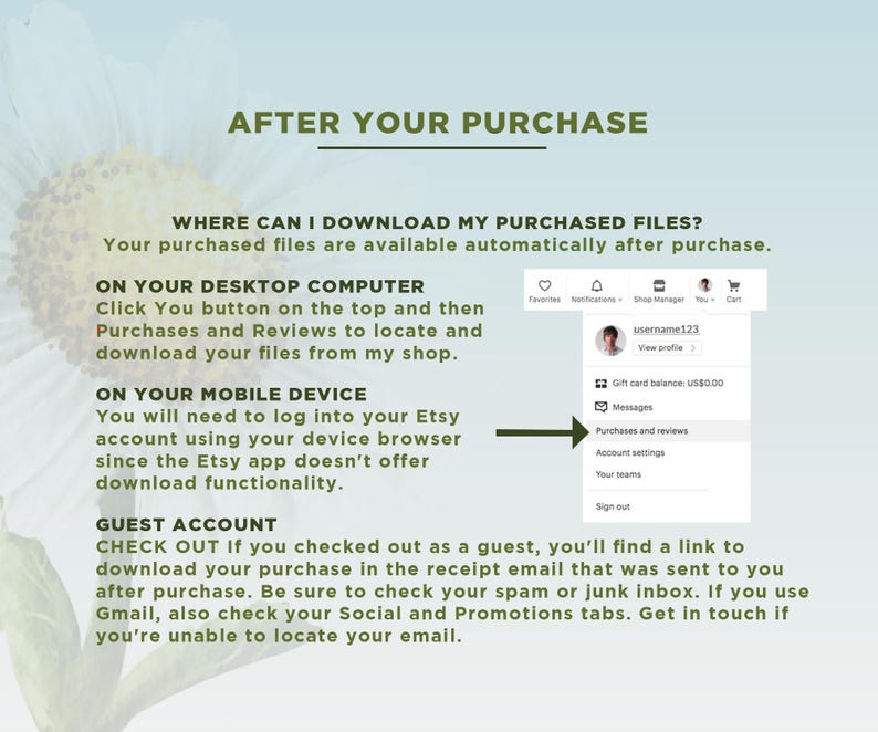 May include: A white background with green floral accents and black text explaining how to download purchased files from Etsy. The text includes instructions for both desktop and mobile devices, as well as for guest accounts.