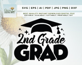 May include: Black and white design of a graduation cap with the text "2nd Grade GRAD" in a stylized font.