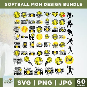 May include: A digital design bundle featuring 60 softball-themed designs. The designs include yellow softballs, hearts, and silhouettes of softball players. Text includes "Softball Mom," "Softball Dad," and other phrases. The designs are available in SVG, PNG, and JPG formats.