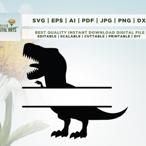 Dinossauro T-Rex simples, silhueta preta sólida, moldura de nome dividida, clipart de animal, tiranossauro rex, personalizar, download digital, SVG, PNG