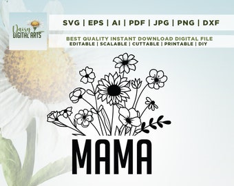 Mamá floral SVG, flores silvestres mamá Svg, diseño de mamá floral svg, archivo svg para cricut, descarga digital, uso comercial, png, dxf, eps, Cricut