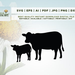 Par de bezerros de vaca Vector SVG, bebê de vaca, bezerro, mamãe de gado, vaca mãe, leite de animais de fazenda, laticínios, comida de carne ocidental, imagem de sinal de corte, ClipArt digital