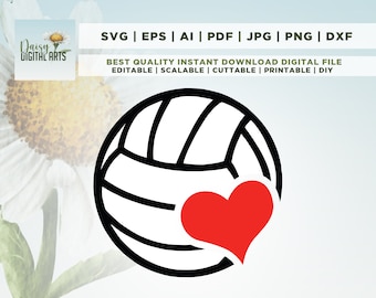 Peut inclure: Contour noir et blanc d'un ballon de volley-ball avec un cœur rouge sur le côté.  SVG | EPS | AI | PDF | JPG | PNG | DXF BEST QUALITY INSTANT DOWNLOAD DIGITAL FILE EDITABLE | SCALABLE | CUTTABLE | PRINTABLE | DIY