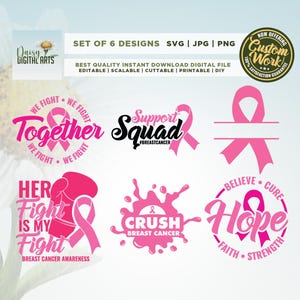 乳がん SVG バンドル、がん SVG、Cricut、Png、SVG、がん啓発、即時ダウンロード、リボン、乳がん、カット ファイル、シルエット