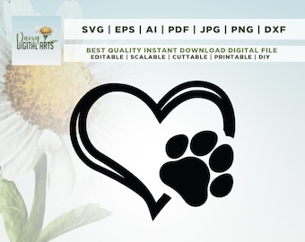 Pata de perro con corazón, Pata de perro, Pata svg, Archivos de corte para Cricut, Silueta, Uso comercial, Cricut, Png, Svg, sublimación, impresión de pata SVG