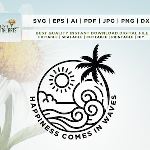 Geluk komt in golven SVG, Summer Shirt Svg, Positive Svg, Summer Vacay Vibe svg, Cricut, Png, Svg, sublimatie, Waves Svg, Beach Svg