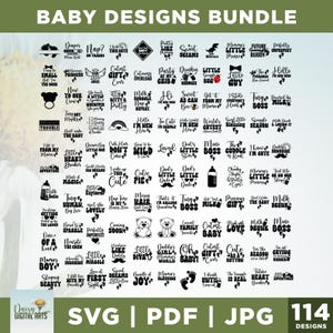 Puede incluir: Un paquete de diseños digitales con 114 diseños con temática de bebé en formatos SVG, PDF y JPG. Los diseños incluyen varias frases y gráficos, como "Little Boss", "Cute Pie" y "Sweet Dreams", en una variedad de fuentes y estilos. Los diseños son en verde y blanco.