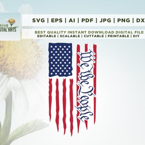May include: A distressed American flag with red and white stripes and blue stars. The text "We the People" is written in a cursive font in blue on the right side of the flag.