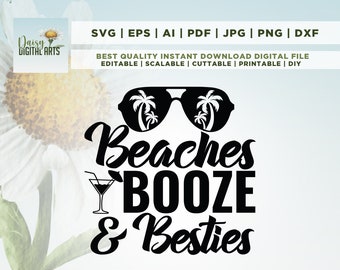 May include: Black and white graphic design with the text "Beaches Booze & Besties" and a pair of sunglasses with palm trees reflected in the lenses.