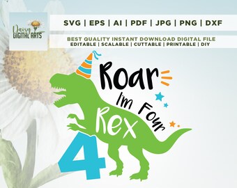May include: Green dinosaur wearing a party hat with the text "Roar I'm Rex Four" and a blue number 4. The dinosaur is green with a light blue party hat. The text is in black and the number is blue.