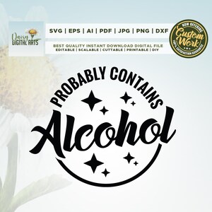 Op de afbeelding: Zwart-wit grafisch ontwerp met een cirkel en sterren. De tekst luidt "Probably Contains Alcohol".