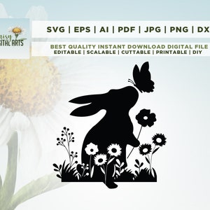 SVG lente zomer konijn met vlinder op neus, paashaas met bloemen in de weide, boerderij, digitaal gesneden bestand, EPS, PNG, Dxf-bestand, vinyl