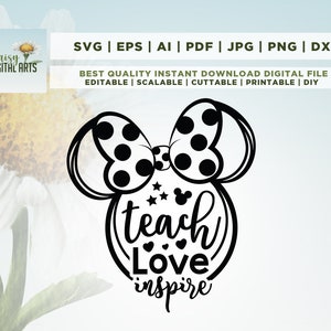 Souris svg, souris Teach Love Inspire Svg pour cricut, professeur cadeau Svg, souris oreilles Svg, professeur vie Svg, retour à l’école Svg, Cricut, Png, Svg