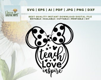 マウス svg、クリカット用のマウス ティーチ ラブ インスパイア Svg、先生へのプレゼント Svg、マウスの耳 Svg、先生の生活 Svg、新学期 Svg、クリカット、Png、Svg