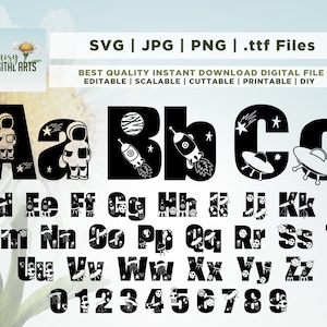 Alfabeto spaziale SVG, Font SVG, Numeri, Lettere, Astronave, Astronauta, Sistema solare, Pianeta, Carattere di compleanno, PNG, Ragazzo, Alieno, Download istantaneo