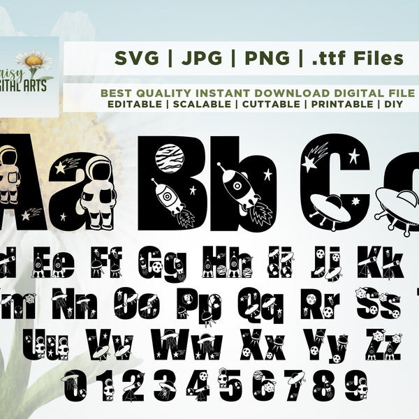 Weltraum Alphabet SVG, Schrift SVG, Zahlen, Buchstaben, Raumschiff, Astronaut, Sonnensystem, Planet, Geburtstag Schrift, PNG, Junge, Alien, Sofort download