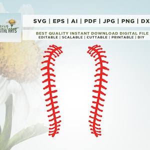 Peut inclure: Deux motifs de points de suture de baseball rouges, chacun avec une forme incurvée et une série de points rouges.