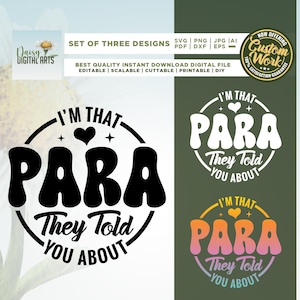 May include: Digital design featuring the text "I'M THAT PARA They Told You About" in a retro font. The design includes three variations in black and white, white, and a gradient of orange and pink.