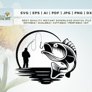 Fisherman catching fish svg, Fisherman svg, catching fish svg, bass fish svg, bass fishing svg, tshirt svg, bass fish clipart, Fishing Svg