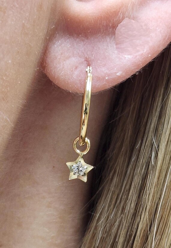 Beautiful 14K Yellow Gold Hoop with CZ Star Dangle