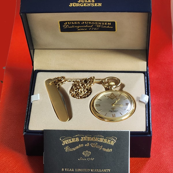 Jules Jurgensen Masonic Open Face Pocket Watch + Chain + Pocket Knife Box