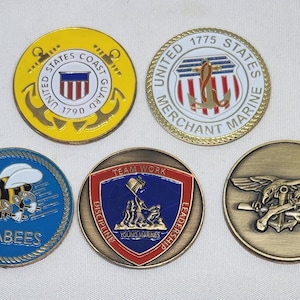 United States Military Metal Medallions – Coast Guard (Adhesive and non-Adhesive), Seabees, Merchant Marine, Navy Seal