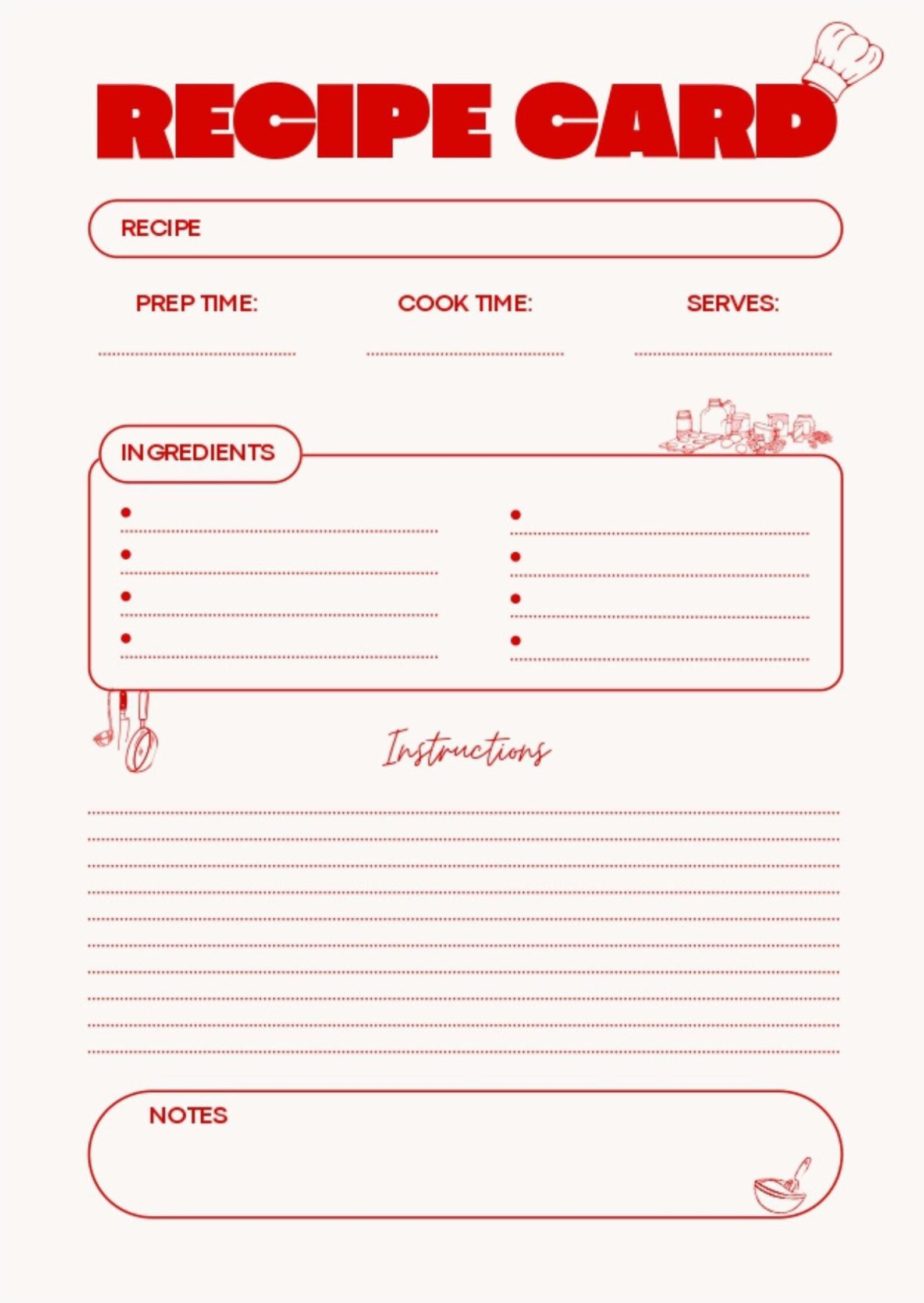 Recipe Card Recipe Template Sheet Digital Recipe Card Instant