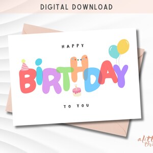 Cartão de feliz aniversário para impressão, cartão fofo e feliz, download digital instantâneo, envelope para impressão