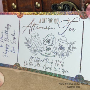 Afternoon tea voucher, personalised gift voucher for day out, foil ticket, birthday surprise trip reveal, golden ticket, ticket gift