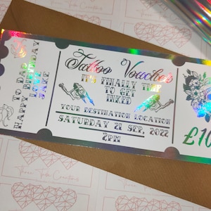 Tattoo voucher, Personalised Tattoo gift voucher, foil ticket, surprise reveal golden ticket, birthday gift voucher, tattoo gift card,
