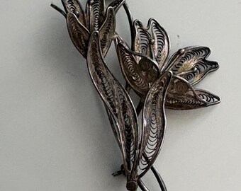 Vintage Silver Filigree Tulip Spray  Brooch with Trombone Clasp, Continental European
