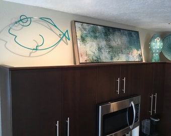 Goofy Gus - Teal Fish 24” x 12 1/2” Whimsical Fun Lake or Beach House Wall Decor. Painted Metal Fish Art Wall Hanging.