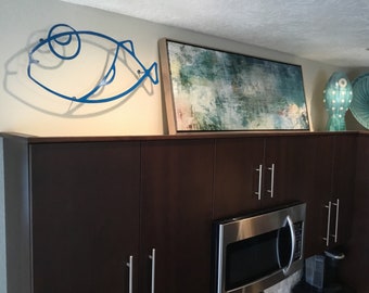 Chillin&#39; Chuck - Blue Fish 24” x 13” Whimsical, Fun Lake or Beach House Decor Wall Art. Painted, Metal Fish Art Wall Hanging.