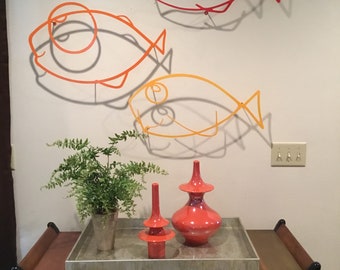 Metal Trio of Whimsical Warm Fish in Red, Orange and Gold