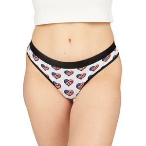 Patriotic Thong, Heart Shaped American Flag Women&#39;s Underwear, Red White Blue Lingerie, July 4th Gift, USA Pride Panty, Memorial Day Briefs