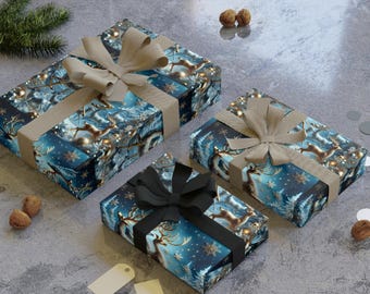 May include: Three wrapped gifts with a winter scene design featuring reindeer, snowflakes, and trees on a blue background. The gifts are tied with tan and black ribbons and bows. The scene includes pine needles and walnuts.