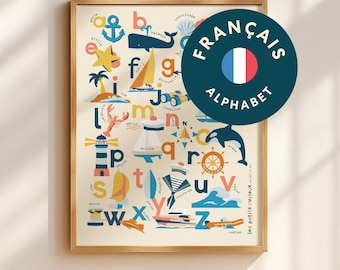 Französisches Alphabet des Ozeans – Gerahmter Druck – Einzigartiges Geschenk für das Kinderzimmer