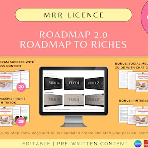 Puede incluir: Un gráfico rosa y amarillo con el texto "MRR LICENCE" y "ROADMAP 2.0 ROADMAP TO RICHES". El gráfico incluye imágenes de productos digitales con el texto "BONUS: INSTAGRAM SUCCESS WITH FACELESS CONTENT", "BONUS: PASSIVE PROFIT WITH TIKTOK", "BONUS: SOCIAL MEDIA CONTENT GUIDE WITH CHAT GPT PROMPTS", y "BONUS: PINTEREST MASTERY".