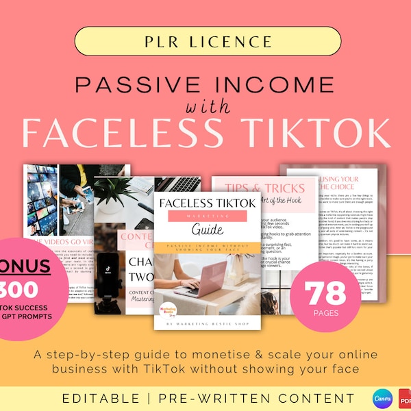 Faceless Tiktok, Passive Income, chatGPT prompts, Digital Product Business, PLR, resell right, Passive Profit mastery,marketing done for you